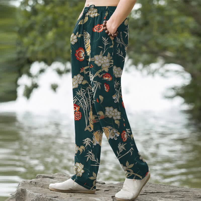 Buddha Stones Pantalon fuselé pour homme en coton à motif floral bambou et tigre, avec poches - image 5