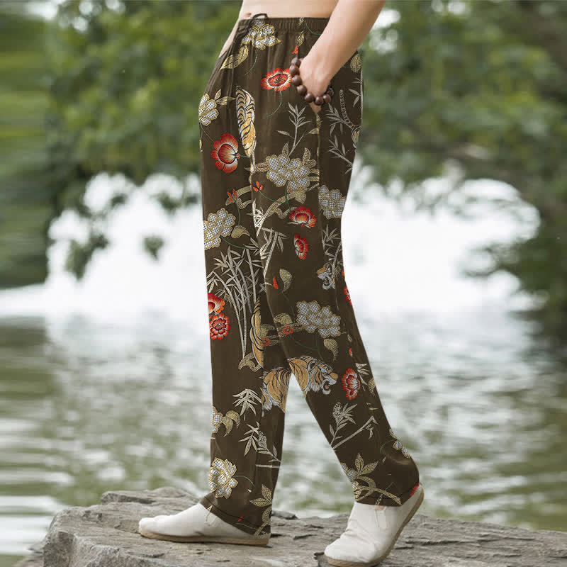 Buddha Stones Pantalon fuselé pour homme en coton à motif floral bambou et tigre, avec poches - image 7