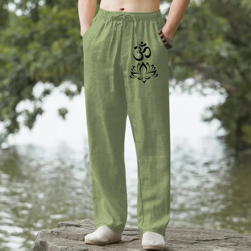 Buddha Stones Pantalon fuselé pour homme en coton à motif lotus Om avec poches - Vert olive - US/UK/AU50，EU60 (5XL) - image 0