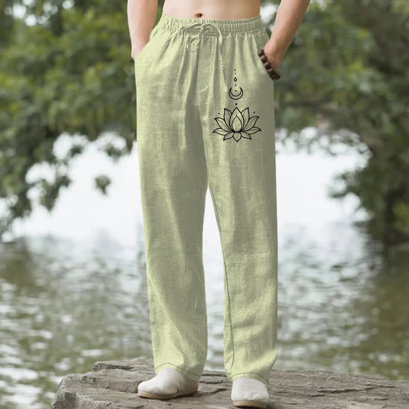 Buddha Stones Pantalon fuselé pour homme en coton à motif lotus et lune, avec poches - Vert clair - US/UK/AU50，EU60 (5XL) - image 4