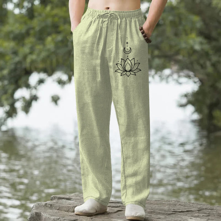 Buddha Stones Pantalon fuselé pour homme en coton à motif lotus et lune, avec poches - Vert clair - US/UK/AU50，EU60 (5XL) - image 4