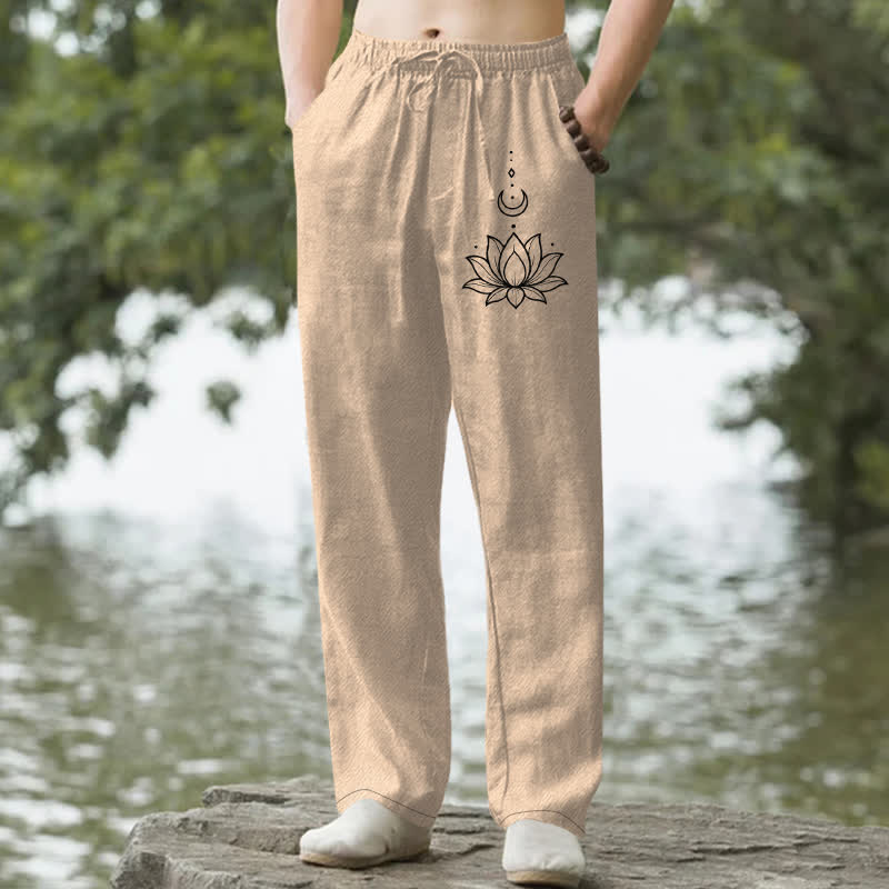 Buddha Stones Pantalon fuselé pour homme en coton à motif lotus et lune, avec poches - BurlyWood - US/UK/AU50，EU60 (5XL) - image 6
