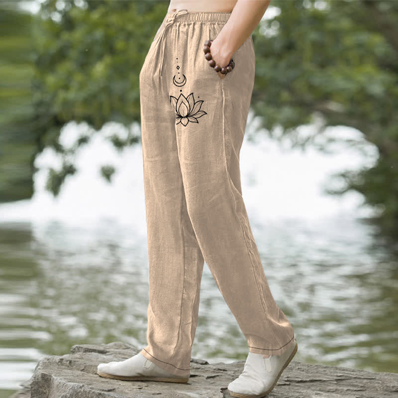 Buddha Stones Pantalon fuselé pour homme en coton à motif lotus et lune, avec poches - image 7