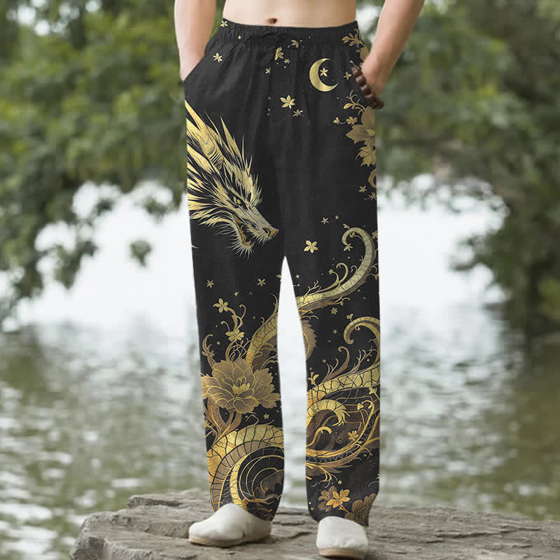 Buddha Stones Pantalon fuselé pour homme en coton à motif nuage de dragon doré avec poches - Noir - US/UK/AU50，EU60 (5XL) - image 0