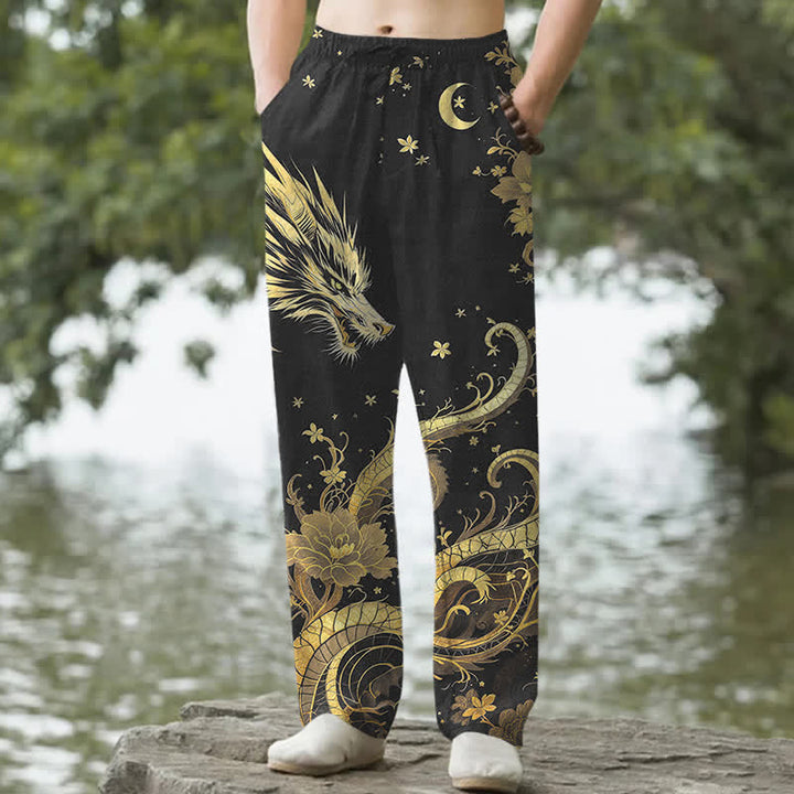 Buddha Stones Pantalon fuselé pour homme en coton à motif nuage de dragon doré avec poches - Noir - US/UK/AU50，EU60 (5XL) - image 0
