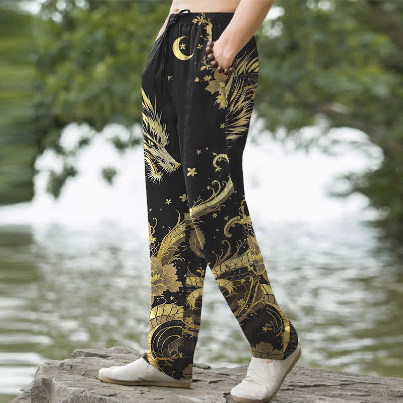 Buddha Stones Pantalon fuselé pour homme en coton à motif nuage de dragon doré avec poches - image 1