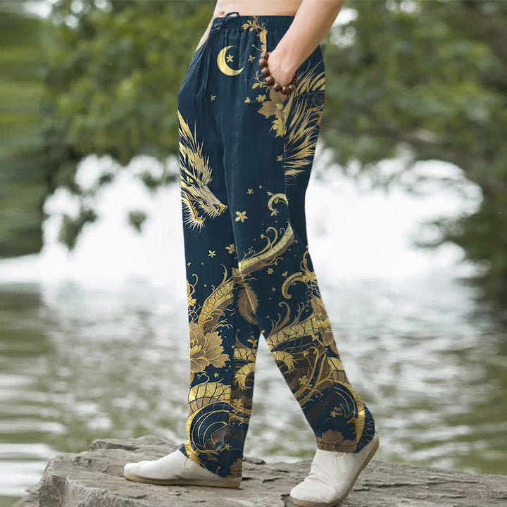 Buddha Stones Pantalon fuselé pour homme en coton à motif nuage de dragon doré avec poches - image 5