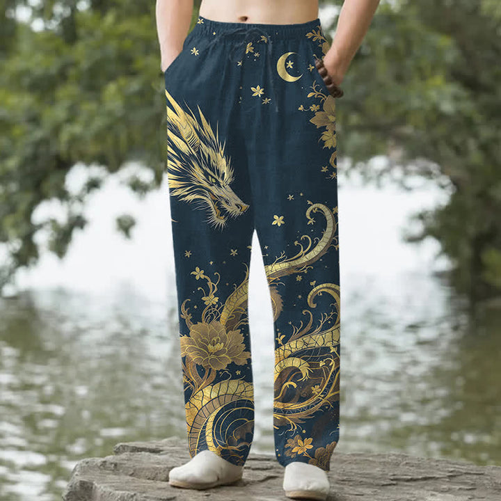 Buddha Stones Pantalon fuselé pour homme en coton à motif nuage de dragon doré avec poches - Marine - US/UK/AU50，EU60 (5XL) - image 4