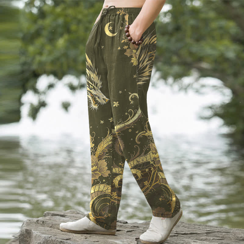 Buddha Stones Pantalon fuselé pour homme en coton à motif nuage de dragon doré avec poches - image 7