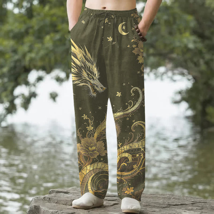 Buddha Stones Pantalon fuselé pour homme en coton à motif nuage de dragon doré avec poches - Vert olive foncé - US/UK/AU50，EU60 (5XL) - image 6