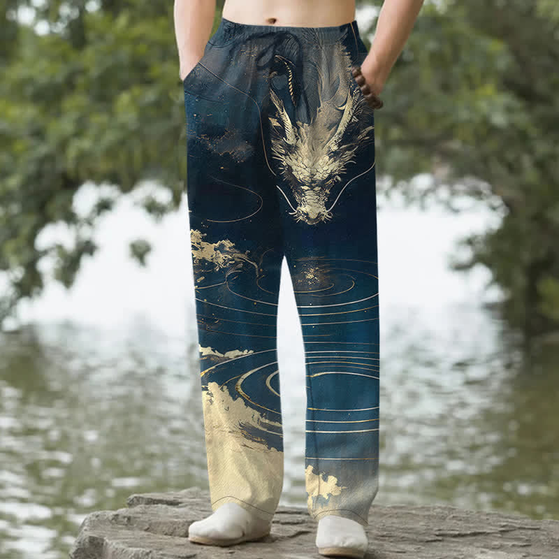 Buddha Stones Pantalon fuselé pour homme en coton à motif vague de dragon doré avec poches - Marine - US/UK/AU50，EU60 (5XL) - image 0