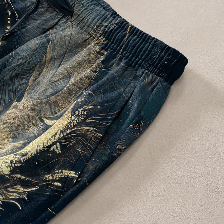 Buddha Stones Pantalon fuselé pour homme en coton à motif vague de dragon doré avec poches - image 3