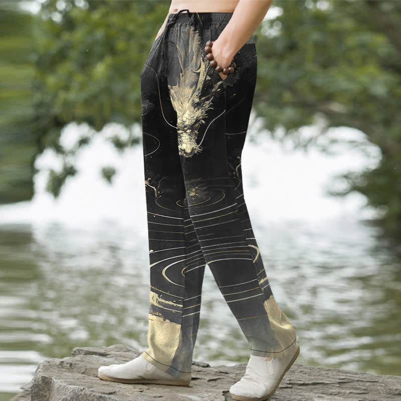 Buddha Stones Pantalon fuselé pour homme en coton à motif vague de dragon doré avec poches - image 5