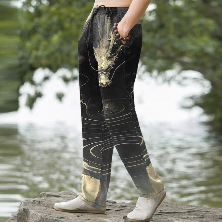 Buddha Stones Pantalon fuselé pour homme en coton à motif vague de dragon doré avec poches - image 5