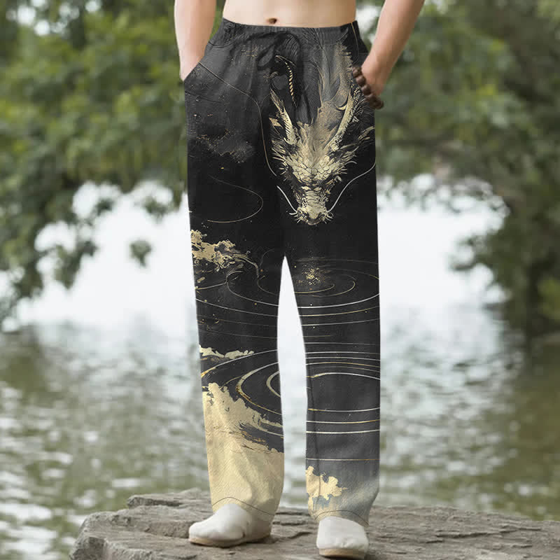 Buddha Stones Pantalon fuselé pour homme en coton à motif vague de dragon doré avec poches - Noir - US/UK/AU50，EU60 (5XL) - image 4