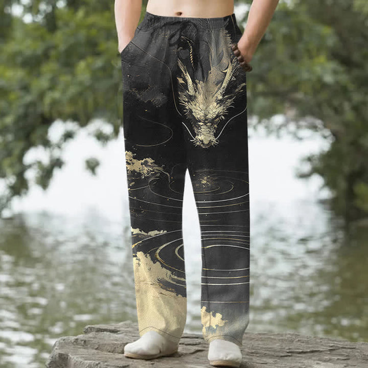 Buddha Stones Pantalon fuselé pour homme en coton à motif vague de dragon doré avec poches - Noir - US/UK/AU50，EU60 (5XL) - image 4