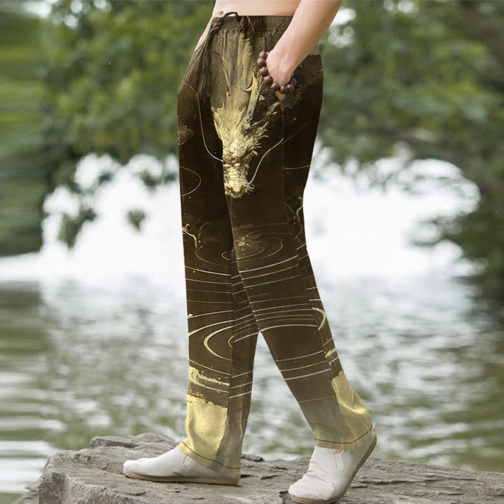Buddha Stones Pantalon fuselé pour homme en coton à motif vague de dragon doré avec poches - image 7