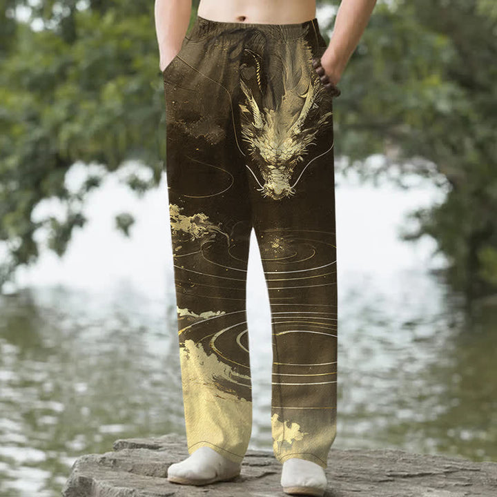 Buddha Stones Pantalon fuselé pour homme en coton à motif vague de dragon doré avec poches - Olive - US/UK/AU50，EU60 (5XL) - image 6