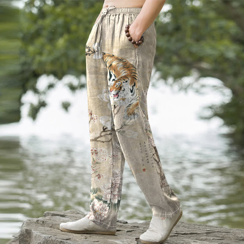 Buddha Stones Pantalon fuselé pour homme en coton vintage à motif floral tigre et encre, avec poches - image 1