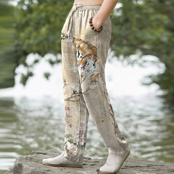 Buddha Stones Pantalon fuselé pour homme en coton vintage à motif floral tigre et encre, avec poches - image 1