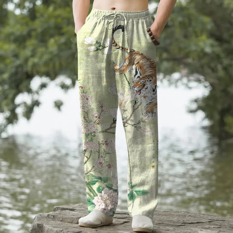 Buddha Stones Pantalon fuselé pour homme en coton vintage à motif floral tigre et encre, avec poches - Vert pâle - US/UK/AU50，EU60 (5XL) - image 4