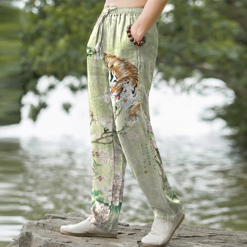 Buddha Stones Pantalon fuselé pour homme en coton vintage à motif floral tigre et encre, avec poches - image 5