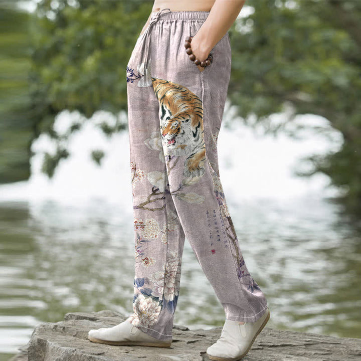 Buddha Stones Pantalon fuselé pour homme en coton vintage à motif floral tigre et encre, avec poches - image 7