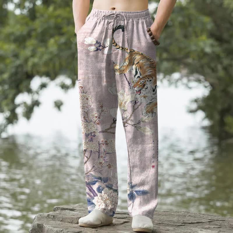 Buddha Stones Pantalon fuselé pour homme en coton vintage à motif floral tigre et encre, avec poches - Prune - US/UK/AU50，EU60 (5XL) - image 6