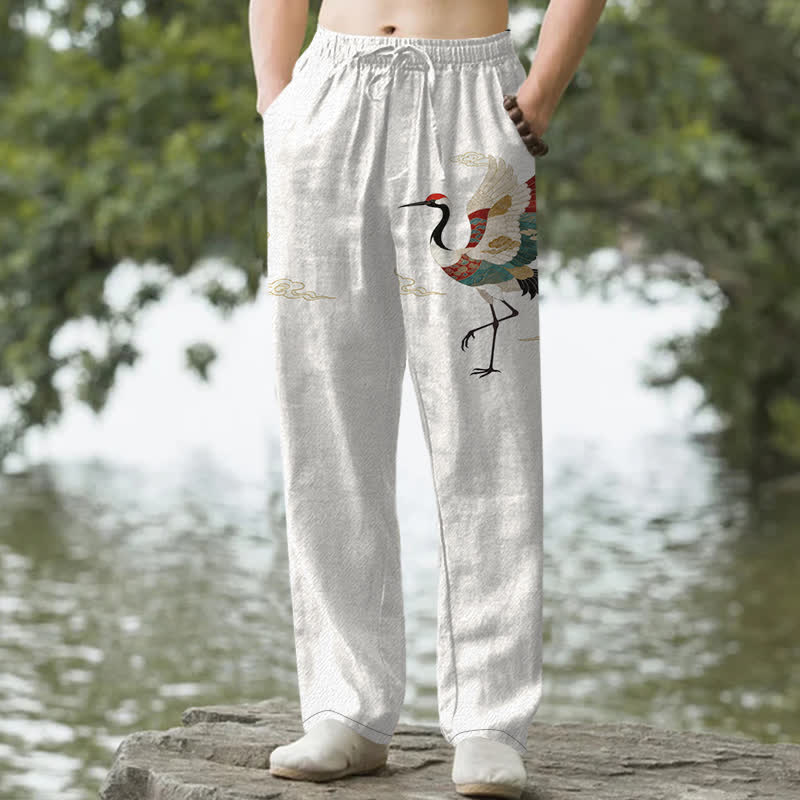 Buddha Stones Pantalon fuselé pour homme en coton blanc à motif de vagues et grues, avec poches - Blanc - US/UK/AU50，EU60 (5XL) - image 0