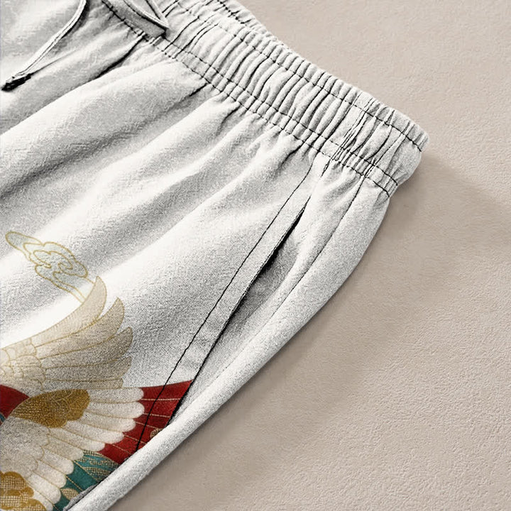 Buddha Stones Pantalon fuselé pour homme en coton blanc à motif de vagues et grues, avec poches - image 3