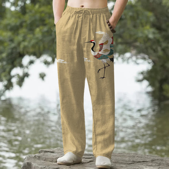 Buddha Stones Pantalon fuselé pour homme en coton blanc à motif de vagues et grues, avec poches - Tanné - US/UK/AU50，EU60 (5XL) - image 4