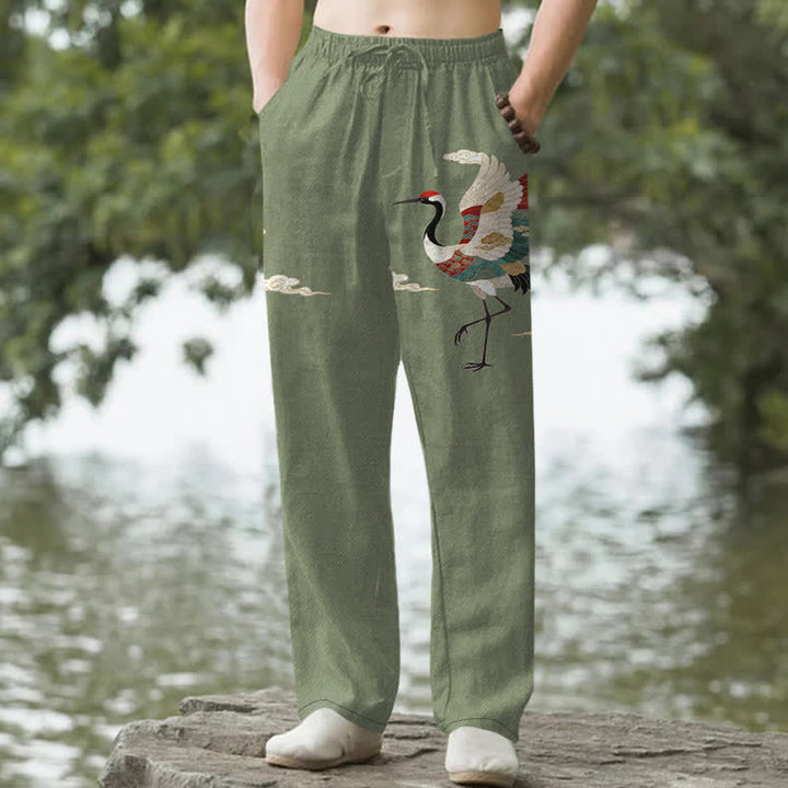 Buddha Stones Pantalon fuselé pour homme en coton blanc à motif de vagues et grues, avec poches - Vert olive - US/UK/AU50，EU60 (5XL) - image 6