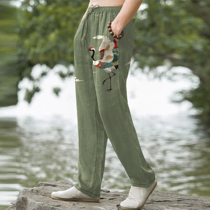 Buddha Stones Pantalon fuselé pour homme en coton blanc à motif de vagues et grues, avec poches - image 7