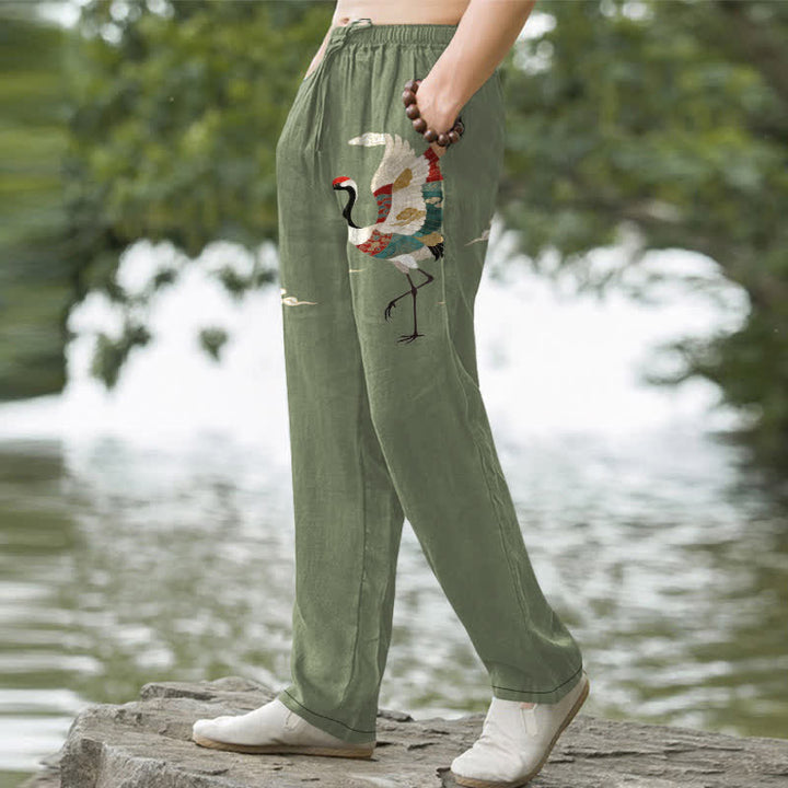 Buddha Stones Pantalon fuselé pour homme en coton blanc à motif de vagues et grues, avec poches - image 7