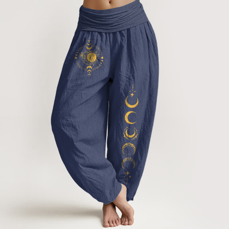 Buddha Stones Pantalon harem pour femme en pur coton, motif phases de la lune dorée, taille élastique - Bleu ardoise foncé - US16，UK/AU20，EU48 (3XL) - image 8