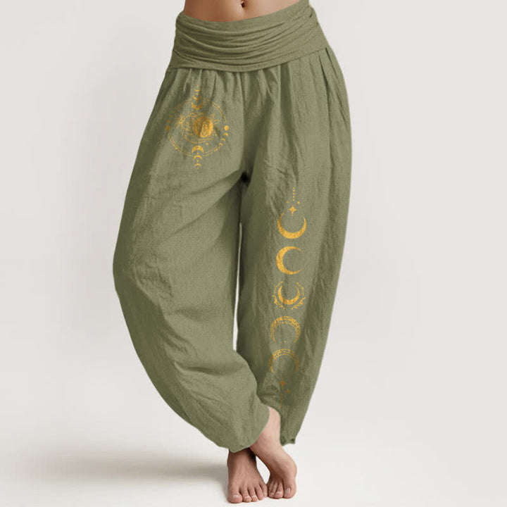 Buddha Stones Pantalon harem pour femme en pur coton, motif phases de la lune dorée, taille élastique - Vert olive - US16，UK/AU20，EU48 (3XL) - image 11