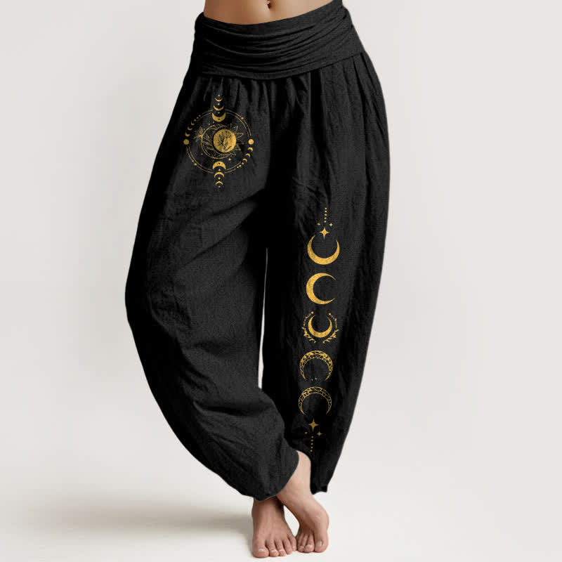 Buddha Stones Pantalon harem pour femme en pur coton, motif phases de la lune dorée, taille élastique - Noir - US16，UK/AU20，EU48 (3XL) - image 0