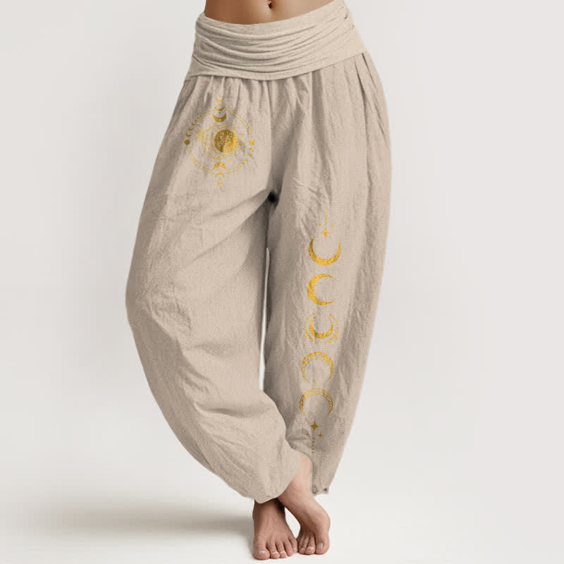Buddha Stones Pantalon harem pour femme en pur coton, motif phases de la lune dorée, taille élastique - Tanné - US16，UK/AU20，EU48 (3XL) - image 14