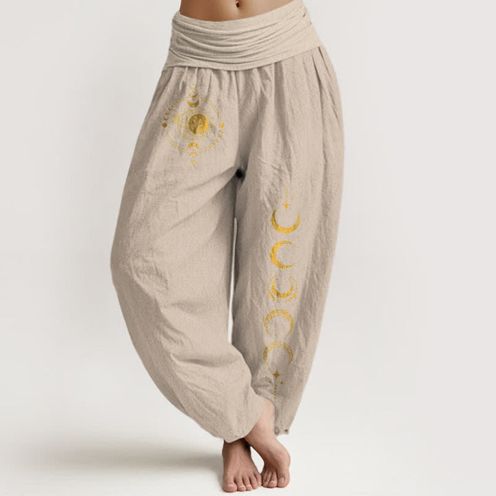 Buddha Stones Pantalon harem pour femme en pur coton, motif phases de la lune dorée, taille élastique - Tanné - US16，UK/AU20，EU48 (3XL) - image 14
