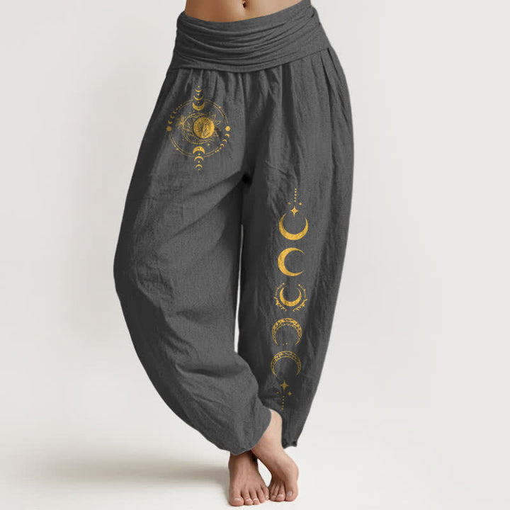 Buddha Stones Pantalon harem pour femme en pur coton, motif phases de la lune dorée, taille élastique - Gris sombre - US16，UK/AU20，EU48 (3XL) - image 5