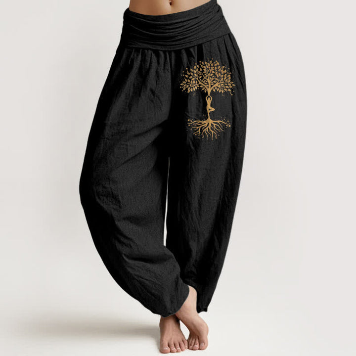 Buddha Stones Pantalon harem pour femme en pur coton à motif Arbre de Vie doré et taille élastique - Noir - US16，UK/AU20，EU48 (3XL) - image 0