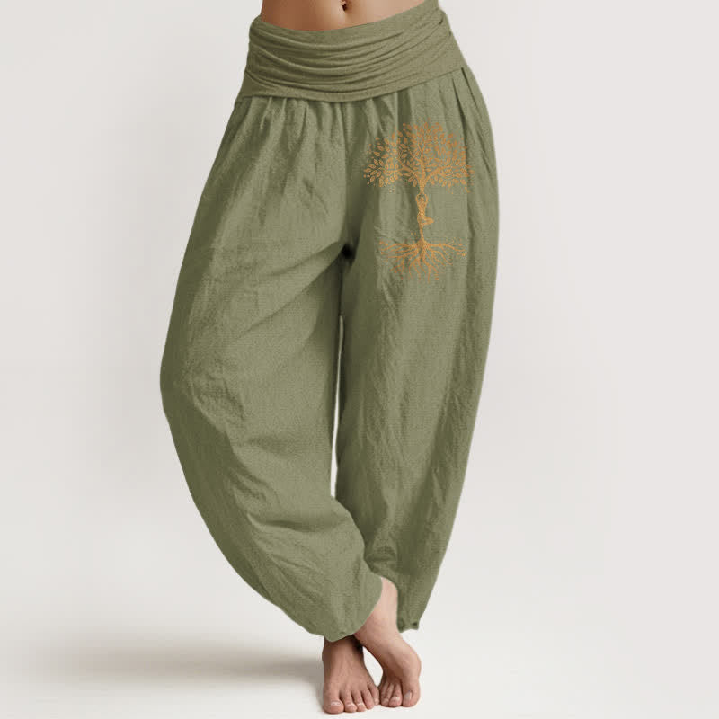 Buddha Stones Pantalon harem pour femme en pur coton à motif Arbre de Vie doré et taille élastique - Vert olive - US16，UK/AU20，EU48 (3XL) - image 11