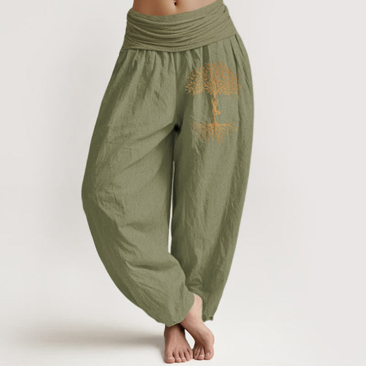 Buddha Stones Pantalon harem pour femme en pur coton à motif Arbre de Vie doré et taille élastique - Vert olive - US16，UK/AU20，EU48 (3XL) - image 11