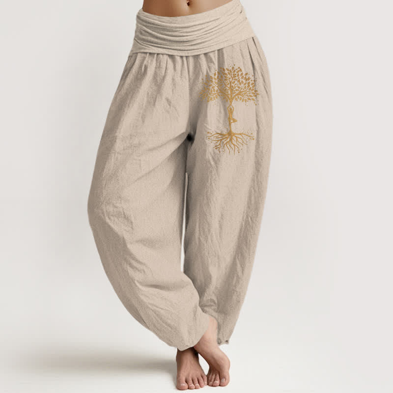 Buddha Stones Pantalon harem pour femme en pur coton à motif Arbre de Vie doré et taille élastique - Tanné - US16，UK/AU20，EU48 (3XL) - image 14