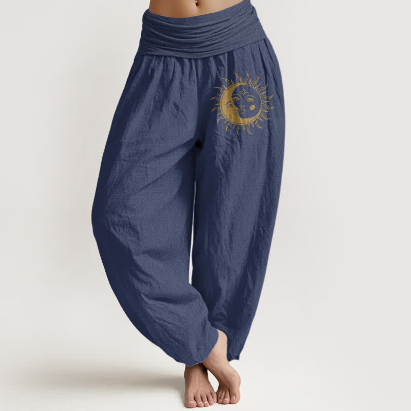 Buddha Stones Pantalon harem pour femme en pur coton, motif soleil et lune dorés, taille élastique - Bleu ardoise foncé - US16，UK/AU20，EU48 (3XL) - image 8