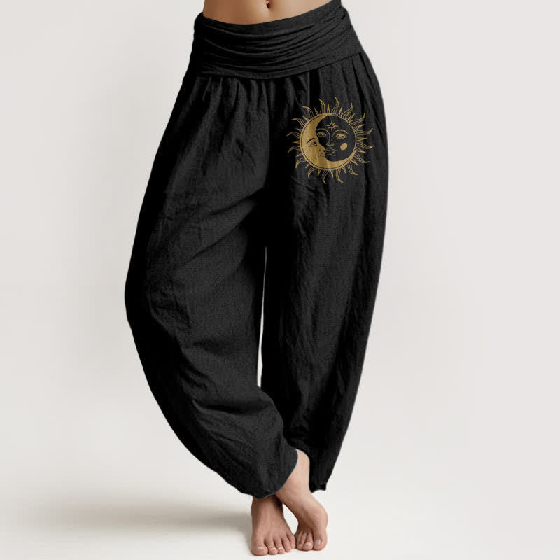 Buddha Stones Pantalon harem pour femme en pur coton, motif soleil et lune dorés, taille élastique - Noir - US16，UK/AU20，EU48 (3XL) - image 0