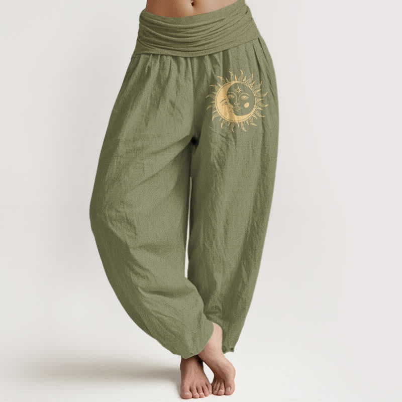 Buddha Stones Pantalon harem pour femme en pur coton, motif soleil et lune dorés, taille élastique - Vert olive - US16，UK/AU20，EU48 (3XL) - image 11