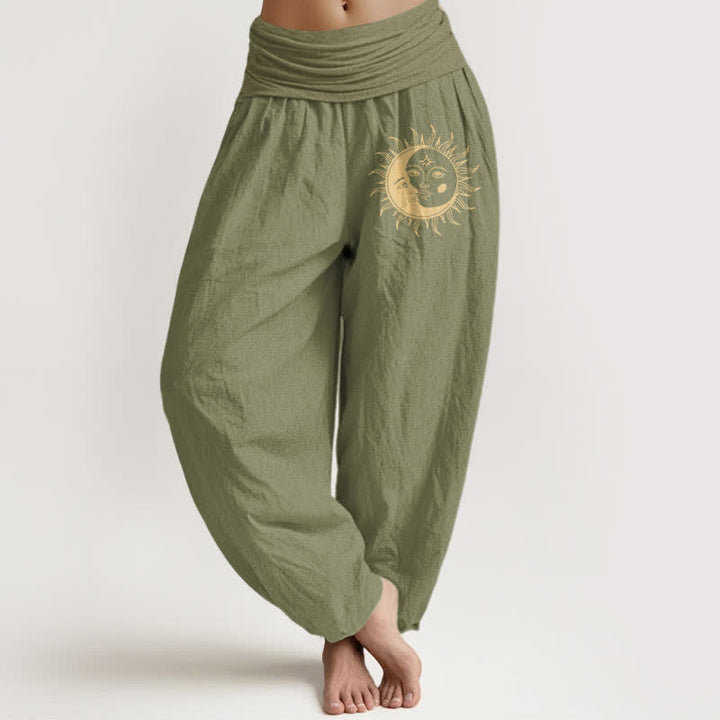 Buddha Stones Pantalon harem pour femme en pur coton, motif soleil et lune dorés, taille élastique - Vert olive - US16，UK/AU20，EU48 (3XL) - image 11