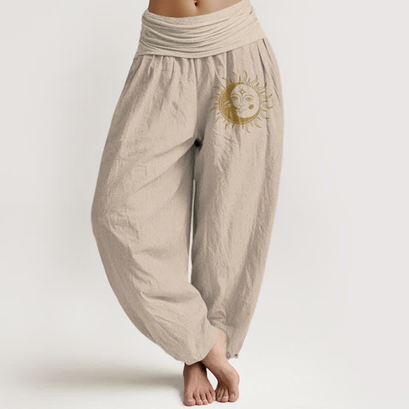 Buddha Stones Pantalon harem pour femme en pur coton, motif soleil et lune dorés, taille élastique - Tanné - US16，UK/AU20，EU48 (3XL) - image 14