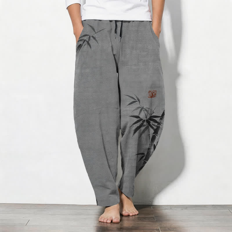 Buddha Stones Pantalon fuselé pour homme en pur coton, motif bambou, cordon de serrage et poches - Gris - US/UK/AU50，EU60 (5XL) - image 0
